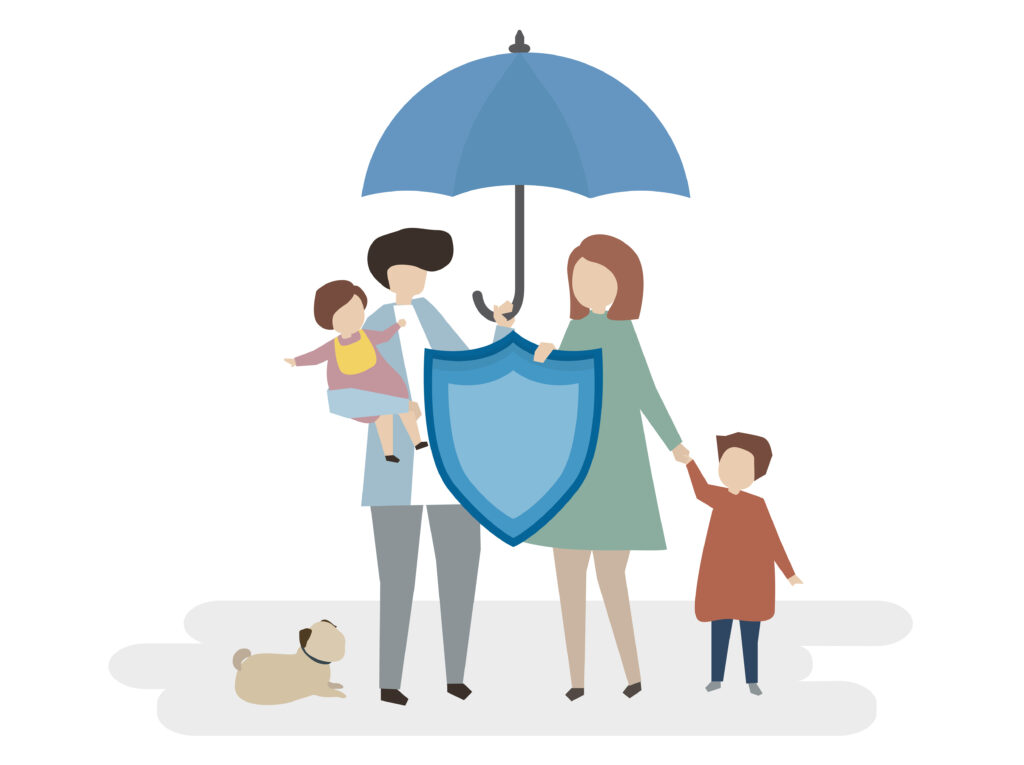 Insurances Illustration of a family caring a shield and an umbrella. Represents insurances.
