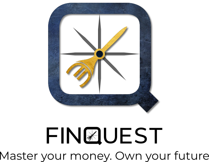 Stilisierter Kompass mit aufwendigem Design. Kleine Logoversion der Firma Finquest. Mit vollständigem Logo in Schwarz-Weiß und dem Motto: „Beherrsche dein Geld. Gestalte deine Zukunft.“